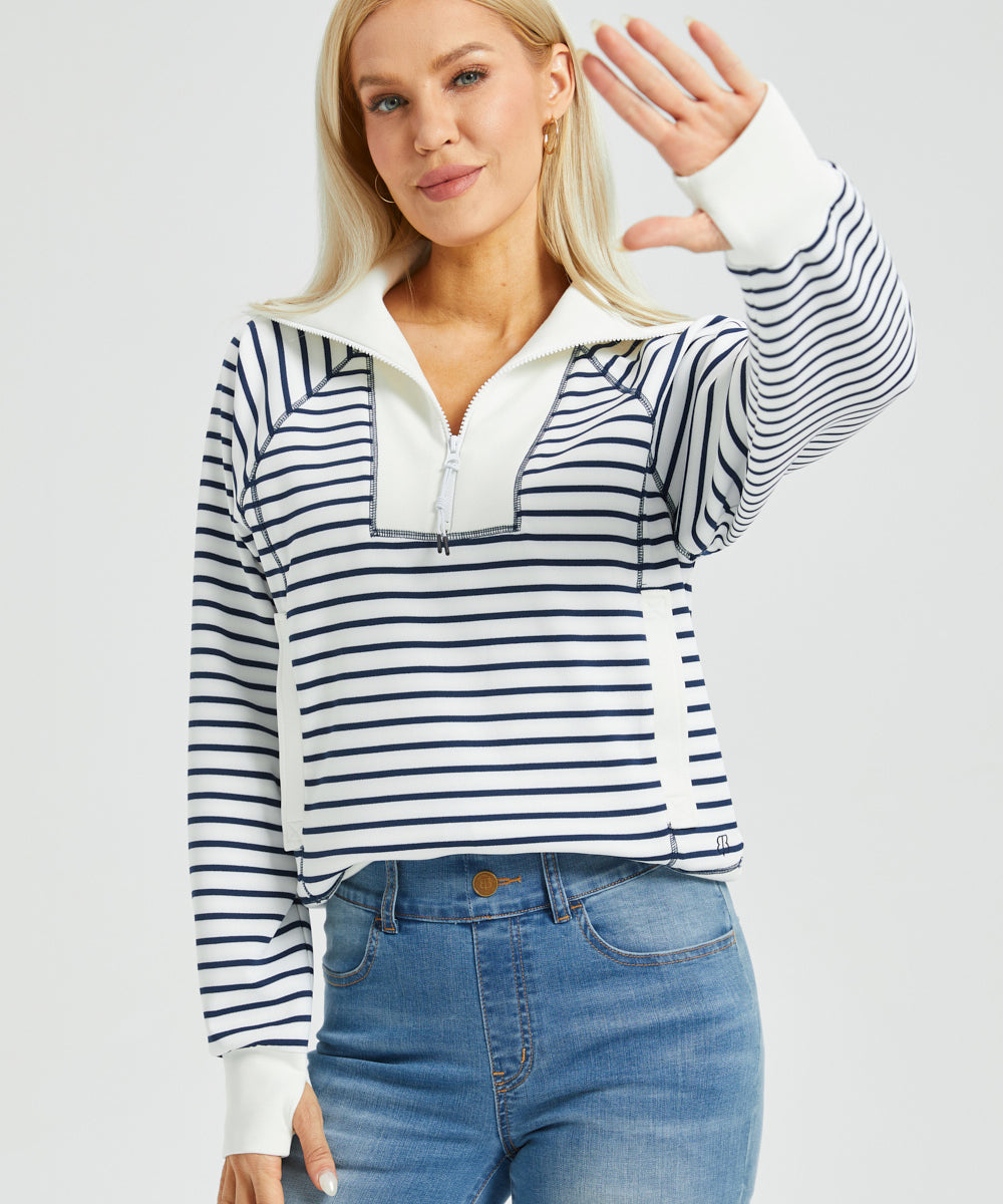 Airflex Contrast Trim Quarter Zip Pullover (Ivory Navy Stripe)