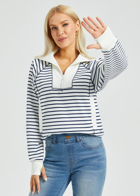 Contrast Trim Quarter Zip Pullover (Ivory Navy Stripe)