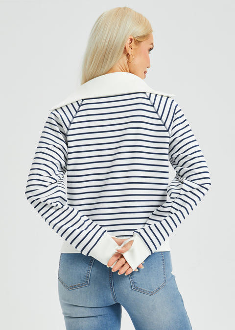 Airflex Contrast Trim Quarter Zip Pullover (Ivory Navy Stripe)