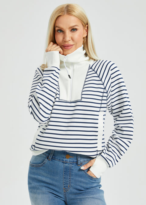 Airflex Contrast Trim Quarter Zip Pullover (Ivory Navy Stripe)