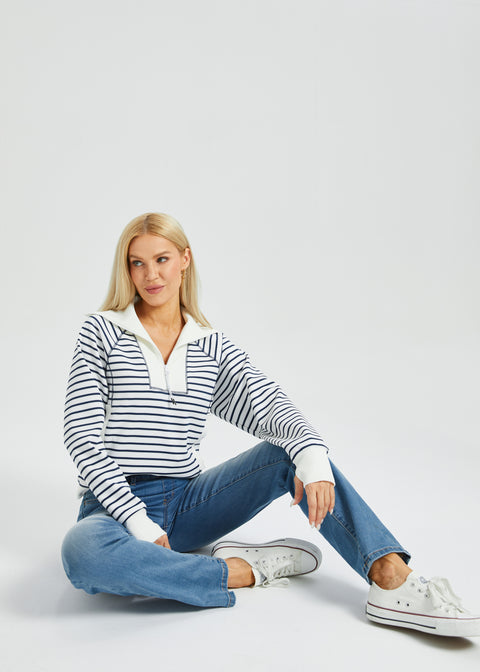 Airflex Contrast Trim Quarter Zip Pullover (Ivory Navy Stripe)