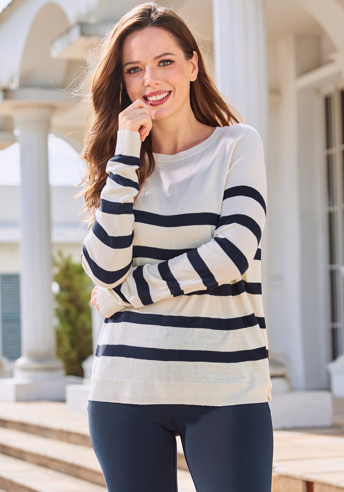 Boatneck Pullover Sweater (Navy Stripe)
