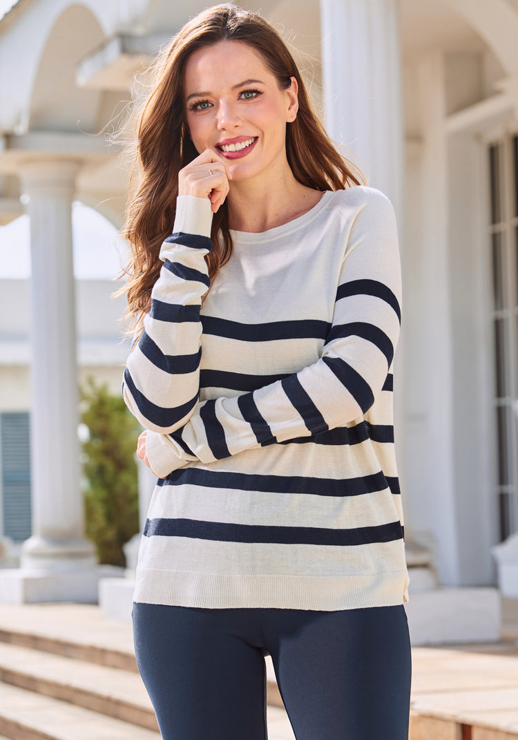 Boatneck Pullover Sweater (Navy Stripe)
