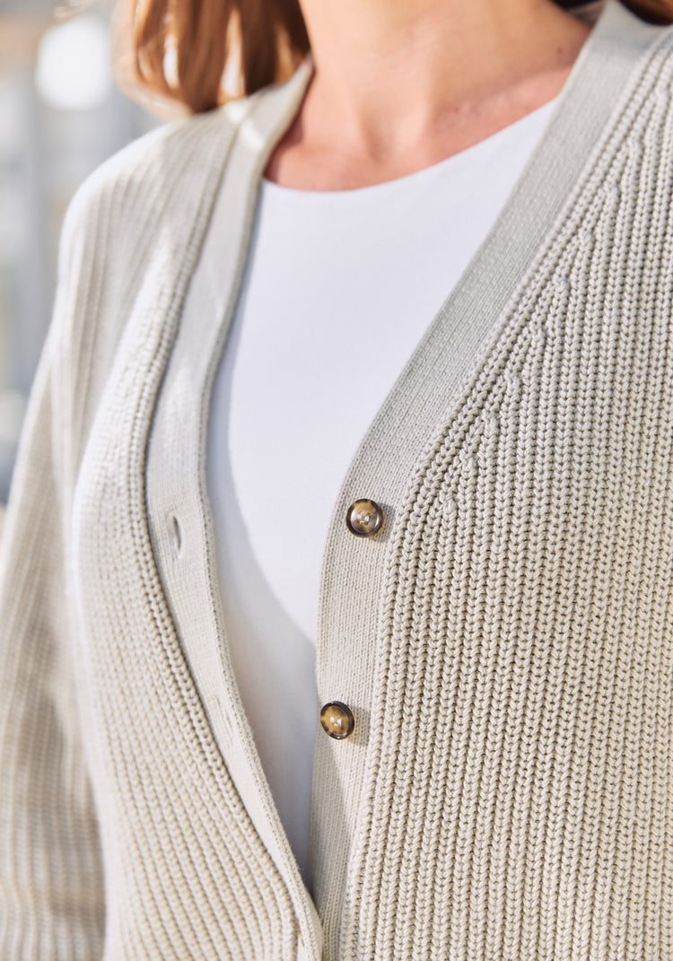 V-Neck Rib Cardigan (Stone)