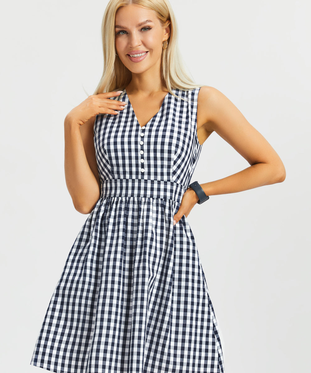 Gingham Fit & Flare Dress (Navy) - Final Sale