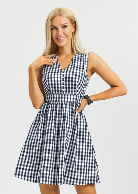 Gingham Fit & Flare Dress (Navy) | XL / Regular (37 Inches) Gingham Fit & Flare Dress (Navy) | XL / Regular (37 Inches)