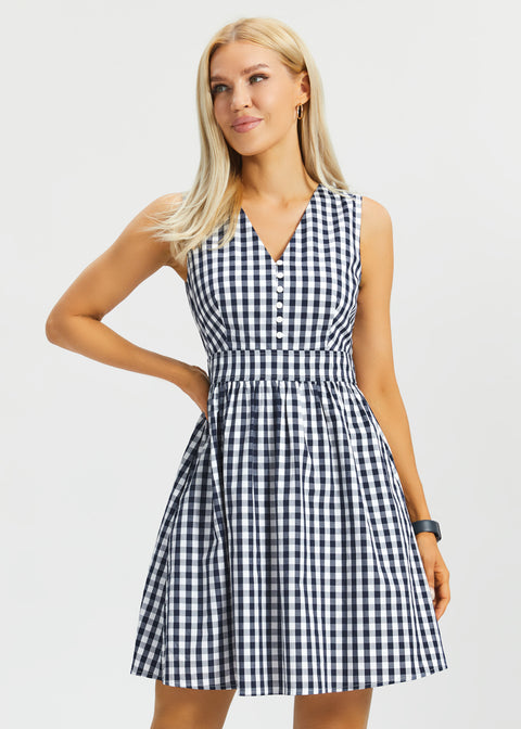 Gingham Fit & Flare Dress (Navy)