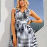 Gingham Fit & Flare Dress (Navy) - Final Sale