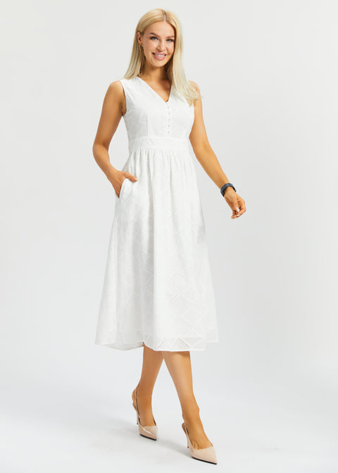 Eyelet Fit & Flare Dress | Cotton (Star White) | M / Petite (46 Inches) Eyelet Fit & Flare Dress | Cotton (Star White) | M / Petite (46 Inches)