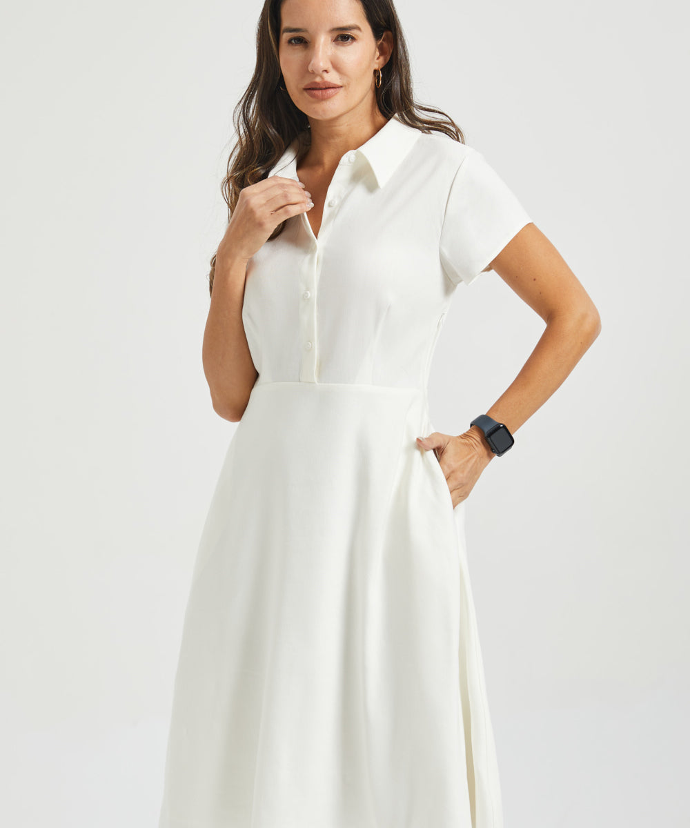 Fit & Flare Shirt Dress | AirWeave Stretch Linen (Star White)