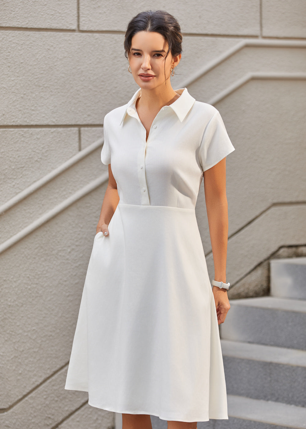 Fit & Flare Shirt Dress | AirWeave Stretch Linen (Star White
