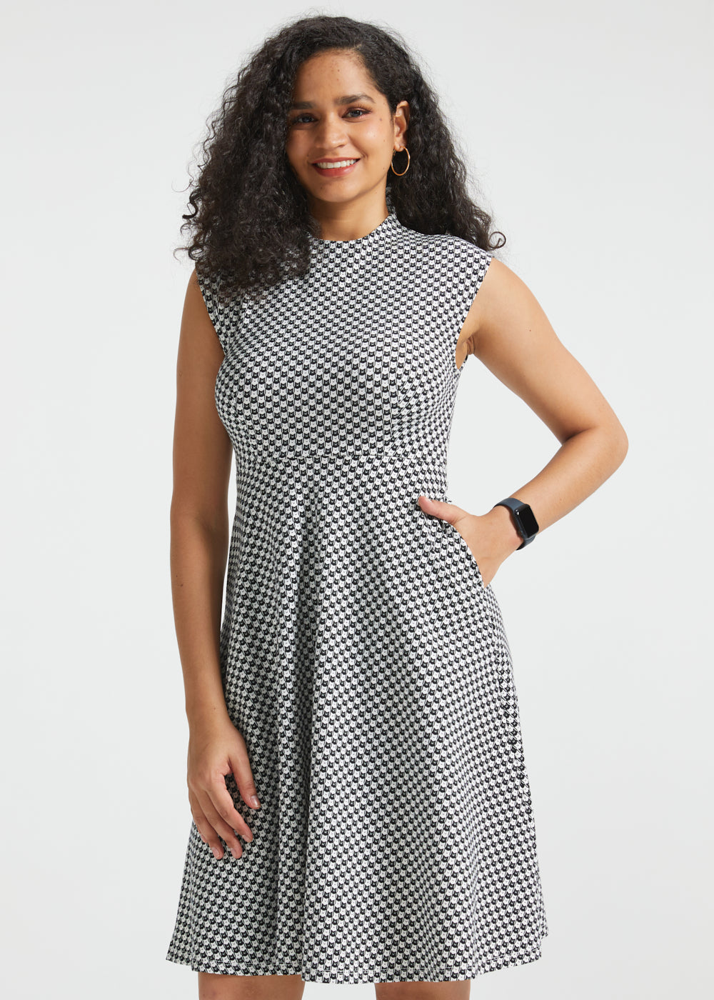 Mock Neck Fit & Flare Dress | Stretch Knit (Black Ivory Catstooth)