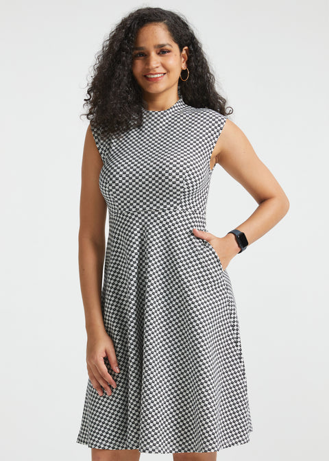 Mock Neck Fit & Flare Dress | Stretch Knit (Black Ivory Catstooth)