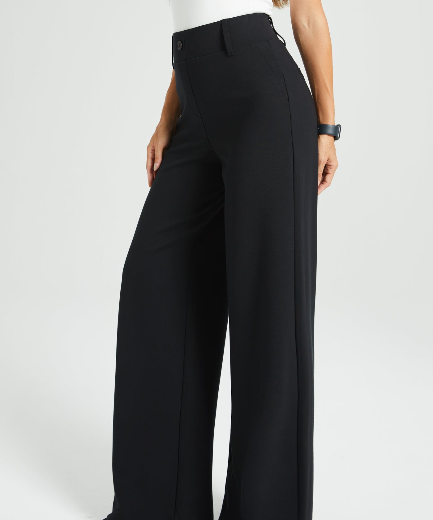 Black wide-leg pants worn by a woman on a white background
