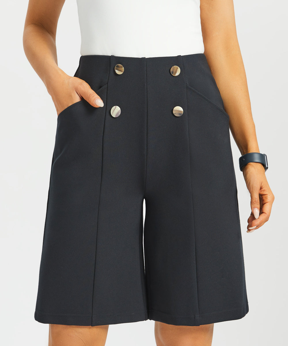 Atlantic Wide-Leg Bermuda Shorts | Stretch Ponte (Black) - Final Sale