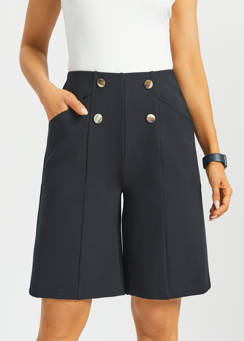 Atlantic Wide-Leg Bermuda Shorts | Stretch Ponte (Black) - Final Sale