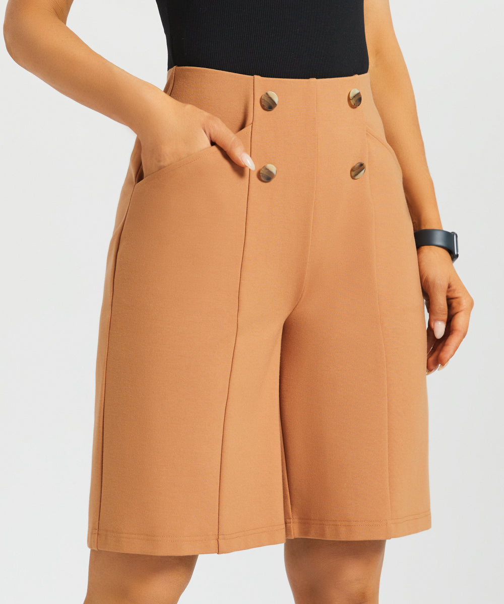 Atlantic Wide-Leg Bermuda Shorts | Stretch Ponte (Sandalwood) - Final Sale