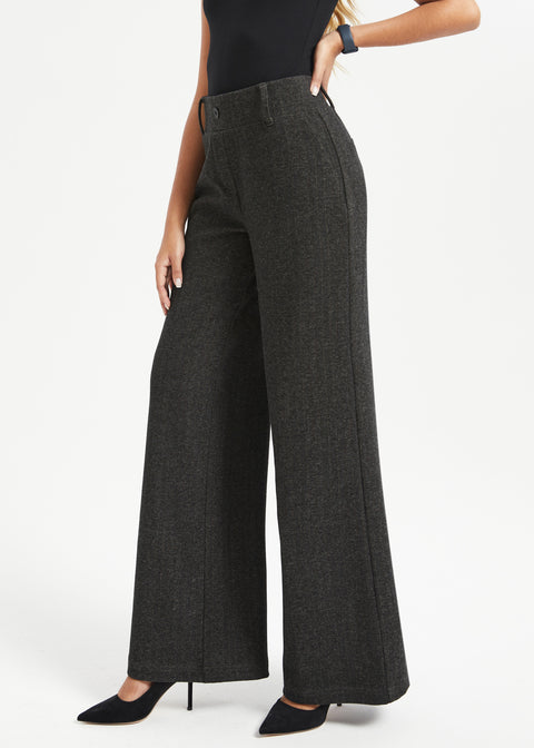 Classic High-Waist Dress Pants | Wide (Charcoal Herringbone) - Final S Betabrand Classic High-Waist Dress Pants | Wide (Charcoal Herringbone) - Final S Betabrand