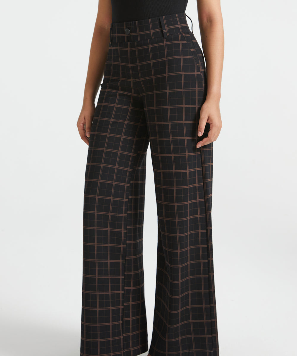 Front view of Black Brown Plaid wide-leg Dress Pant Yoga Pants showing the high-rise fit and flowing trouser legs