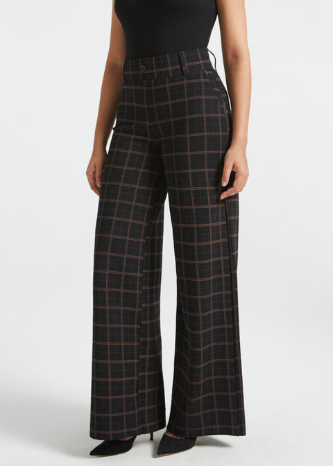 Front view of Black Brown Plaid wide-leg Dress Pant Yoga Pants showing the high-rise fit and flowing trouser legs