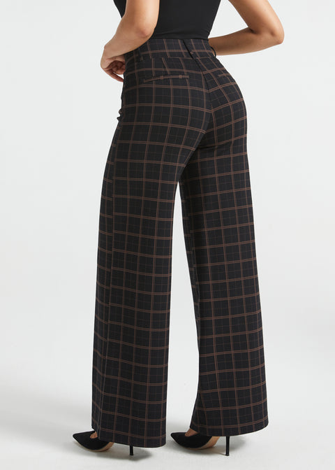 Back three-quarter view of Black Brown Plaid wide-leg Dress Pant Yoga Pants showing the high waist and relaxed wide-leg silhouette