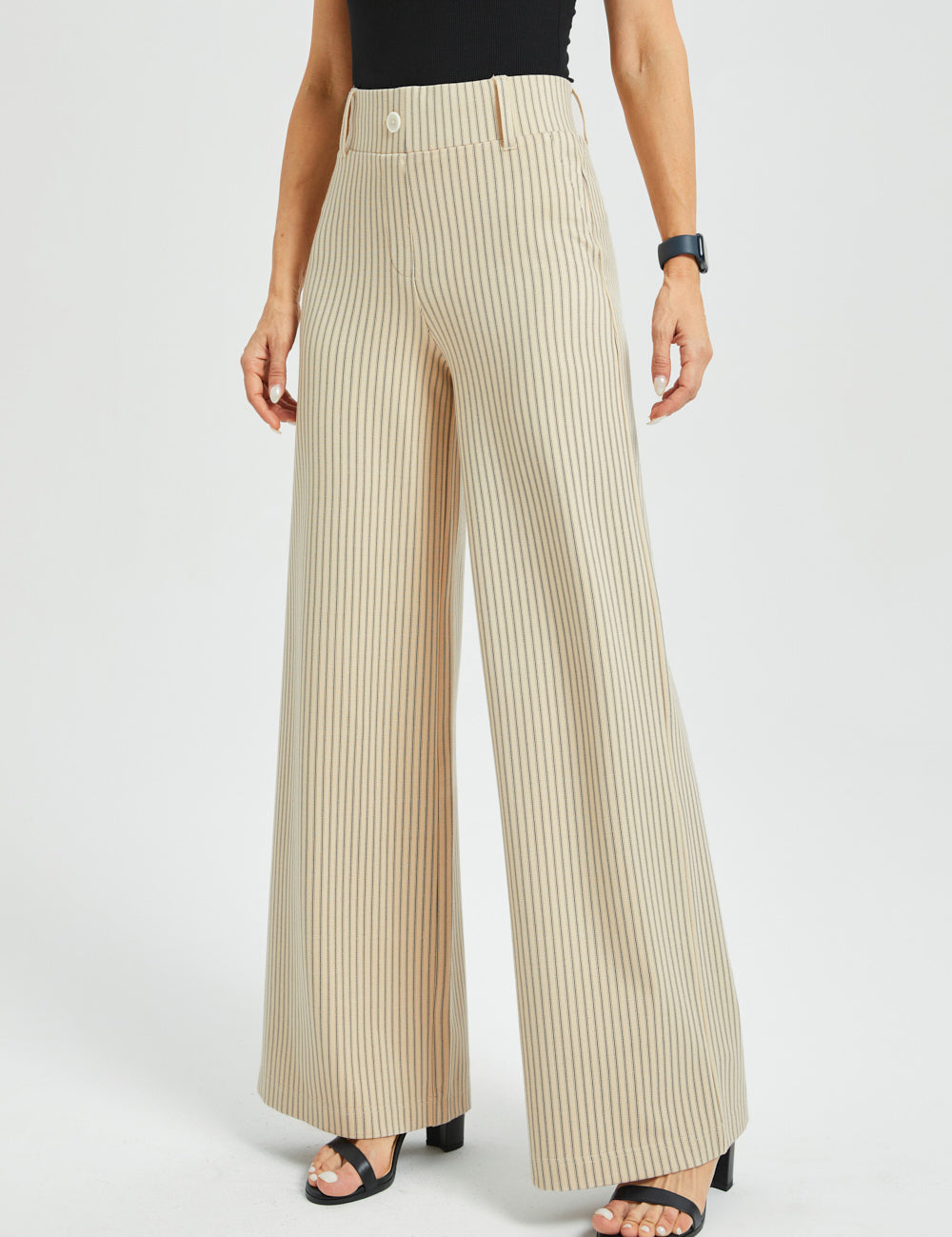 Classic High-Waist DPYP™ Dress Pant Yoga Pants | Wide (Ivory Black Pinstripe)
