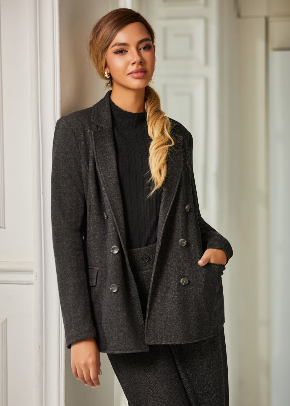 Double Breasted Blazer | Knit Jacquard (Charcoal Herringbone) - Final Sale