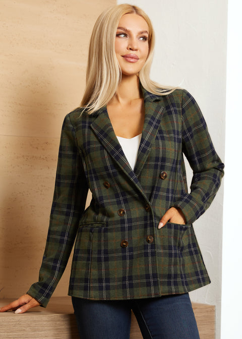 Double Breasted Blazer | Knit Jacquard (Green Plaid)