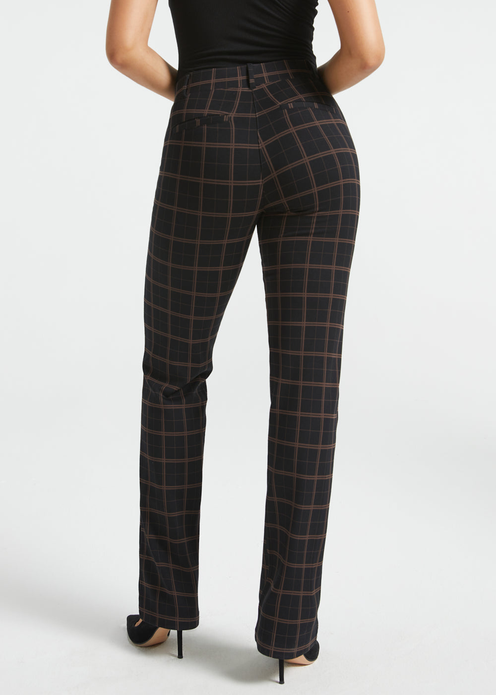 Back view of woman wearing Black Brown Plaid straight-leg Dress Pant Yoga Pants with black heels