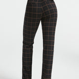 Back view of woman wearing Black Brown Plaid straight-leg Dress Pant Yoga Pants with black heels