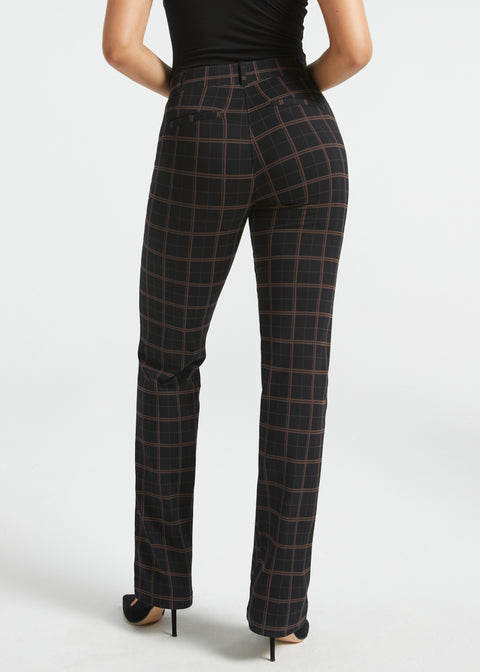 Back view of woman wearing Black Brown Plaid straight-leg Dress Pant Yoga Pants with black heels