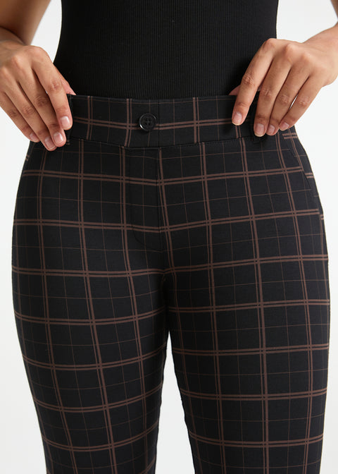Close-up front view of Black Brown Plaid Dress Pant Yoga Pants showing the waistband, belt loops, faux fly and decorative button