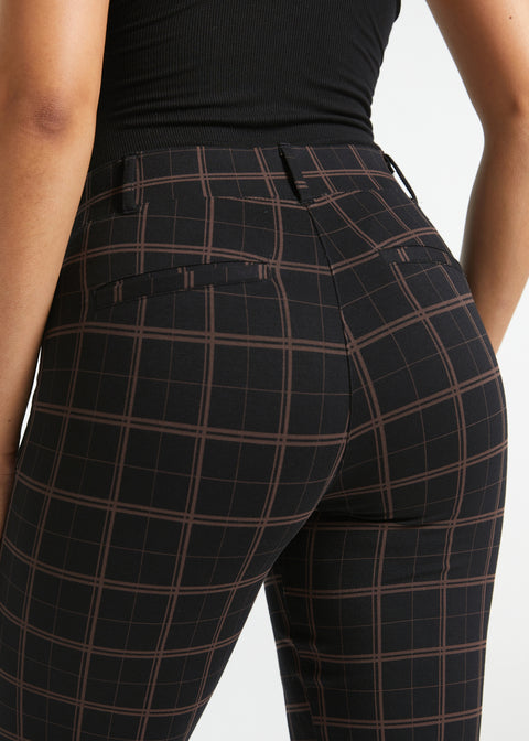 Close-up three-quarter back view of Black Brown Plaid Dress Pant Yoga Pants showing the waistband, belt loops and faux welt pocket