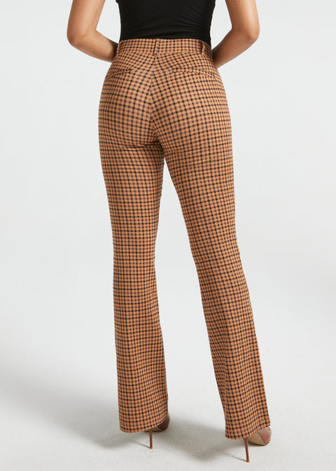 Full back view of woman wearing Camel Mini Houndstooth straight-leg Dress Pant Yoga Pants showing the fit through the hips and legs