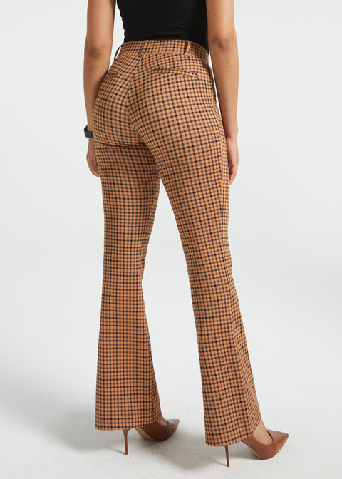 Back three-quarter view of woman wearing Camel Mini Houndstooth straight-leg Dress Pant Yoga Pants with brown heels
