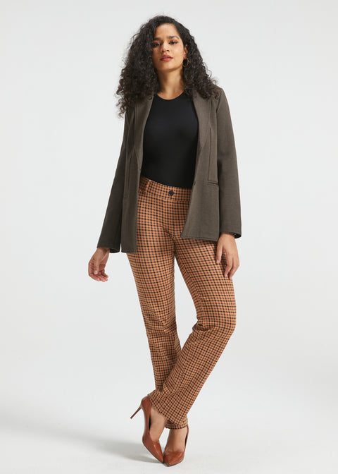 Woman wearing Camel Mini Houndstooth Dress Pant Yoga Pants styled with a dark brown blazer, black top and brown heels