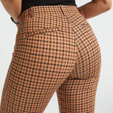 Close-up back view of Camel Mini Houndstooth Dress Pant Yoga Pants showing the checked pattern, belt loops and welt pockets