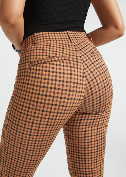 Close-up back view of Camel Mini Houndstooth Dress Pant Yoga Pants showing the checked pattern, belt loops and welt pockets