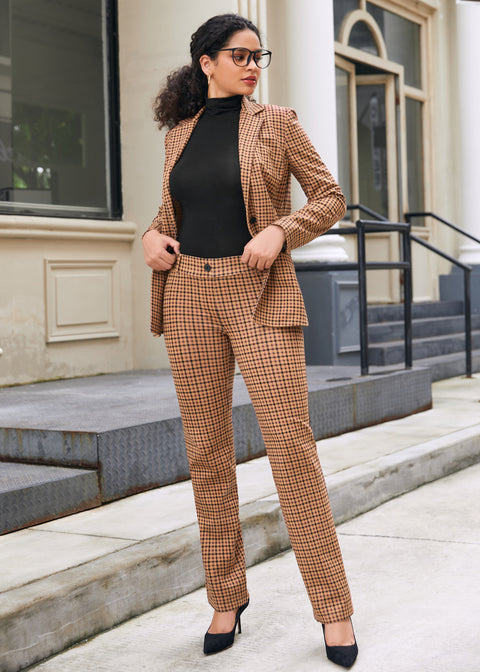 Woman wearing Camel Mini Houndstooth straight-leg Dress Pant Yoga Pants with matching blazer and black turtleneck outdoors