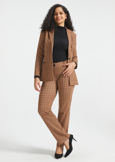 Woman wearing Camel Mini Houndstooth Classic Blazer with matching straight-leg pants, black turtleneck and black heels