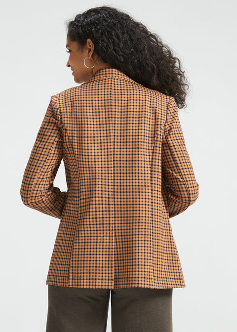 Back view of woman wearing Camel Mini Houndstooth Classic Blazer showing tailored seaming and center back vent