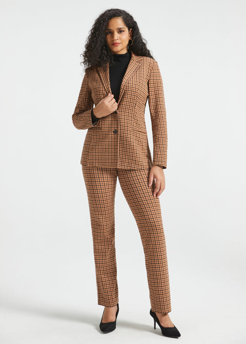 Woman wearing Camel Mini Houndstooth Classic Blazer with matching pants, black turtleneck and black heels