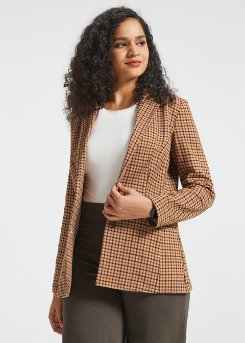 Woman wearing Camel Mini Houndstooth Classic Blazer open over a white top with brown pants