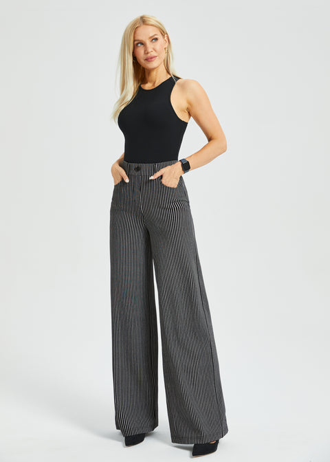 PRESALE ⏰ 7-Pocket High-Waist DPYP™ Dress Pant Yoga Pant | Wide (Black Beige Pinstripe)