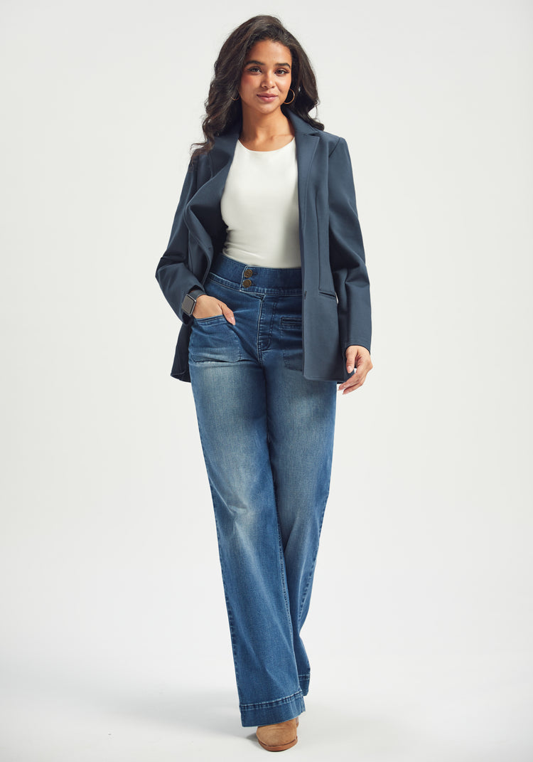 【MODERNIF】Bato Black Blue Wide Denim Pants Curved Denim Pants – System