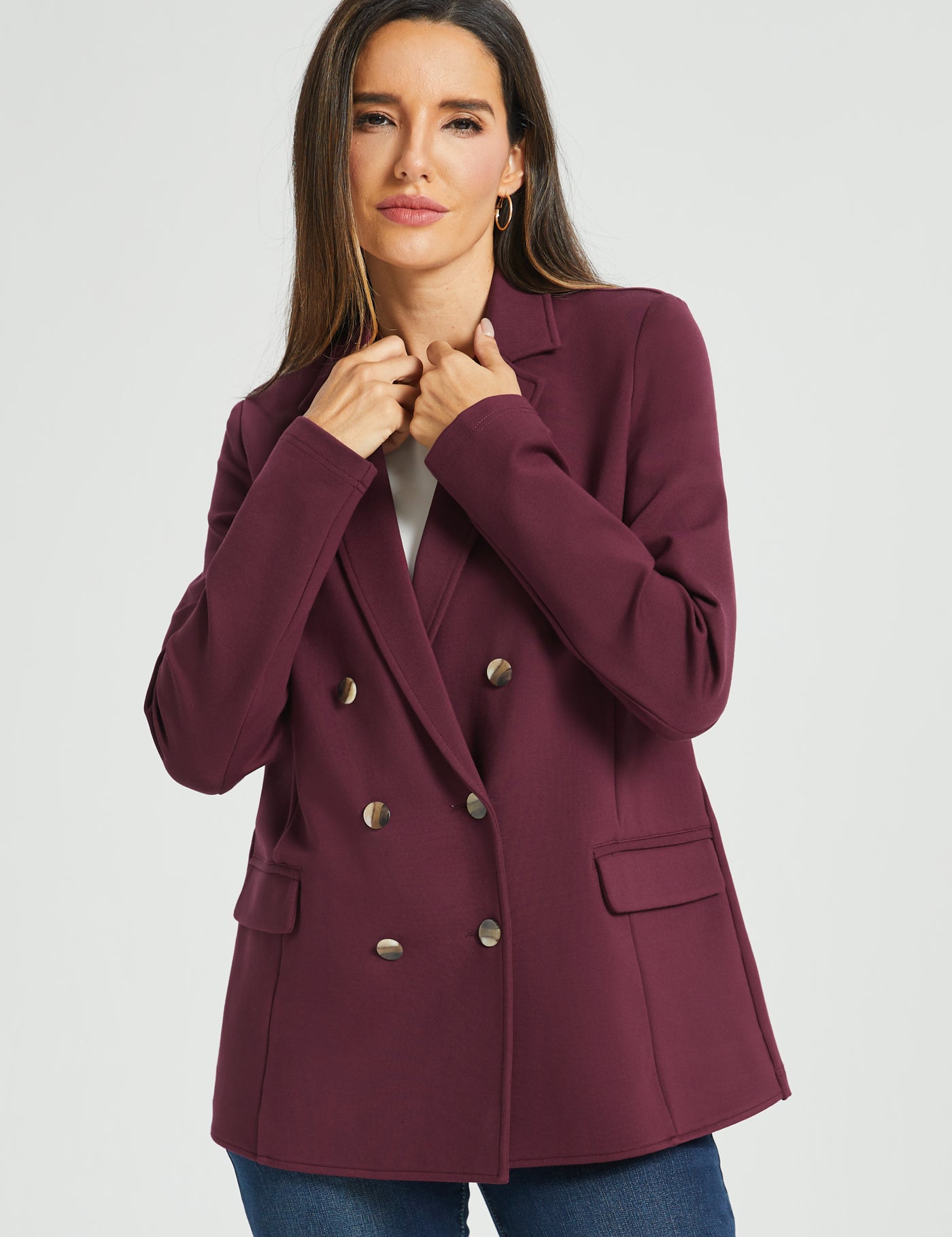 Double Breasted Blazer | Stretch Ponte (Burgundy)
